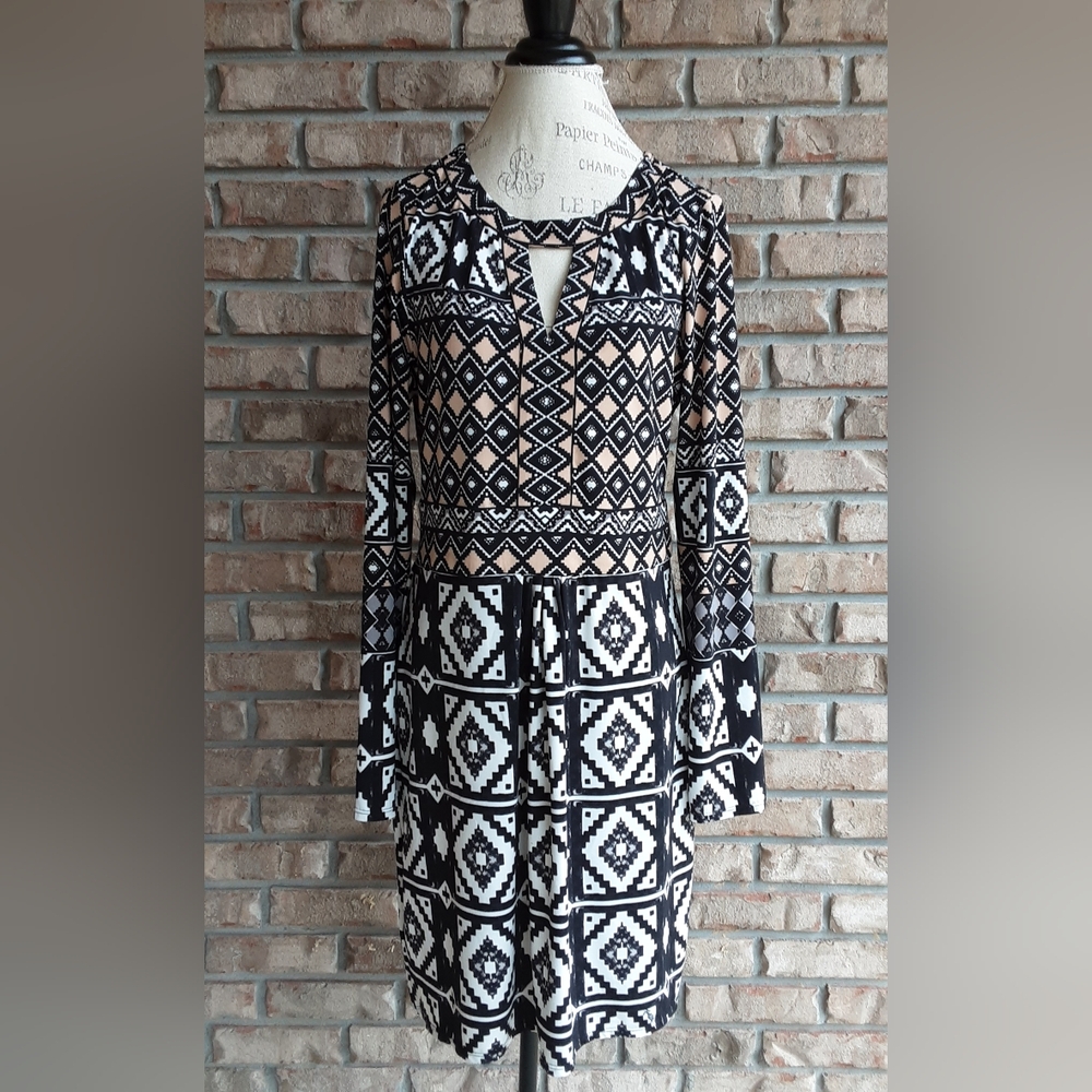 Hale Bob Geometric Tribal Print Long Sleeve Shift Dress.